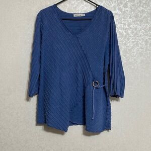 ORVIS Blue Ribbed Wrap Style Tunic Top 3/4 Sleeve Textured Asymmetrical Hem Sz L